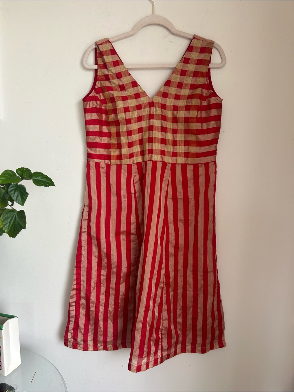 Red and Gold Striped V-Neck Dress